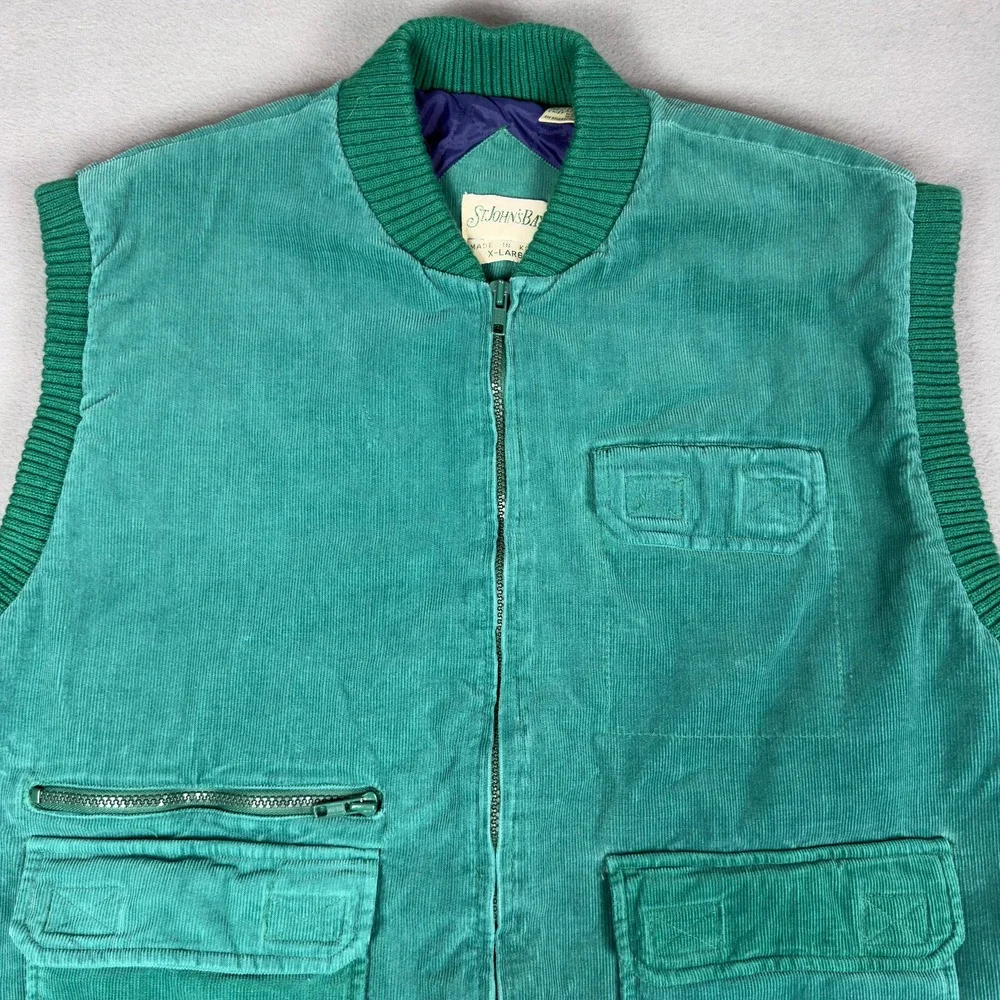 Vintage 90s‎ St Johns Bay Corduroy Vest Mens XL Teal Green Quilted Lined Zip